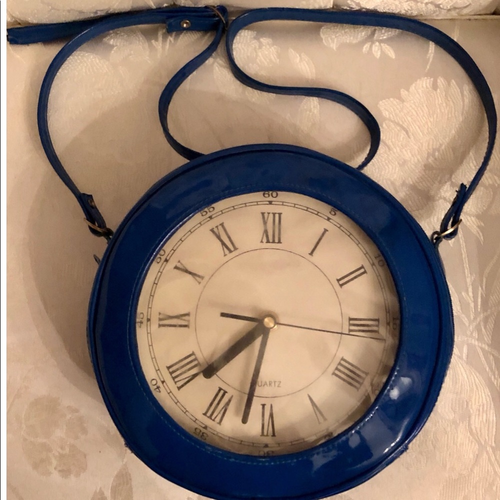 VINTAGE RARE ROYAL BLUE QUARTZ CLOCK CROSSBODY BAG - Picture 2 of 6